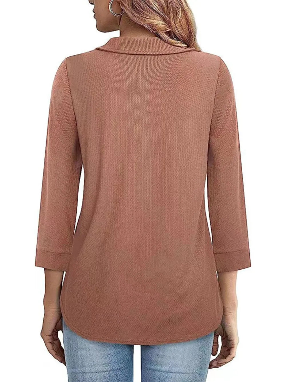 Half Zip Collared Neck Three-quarter Sleeve T-shirt (8)