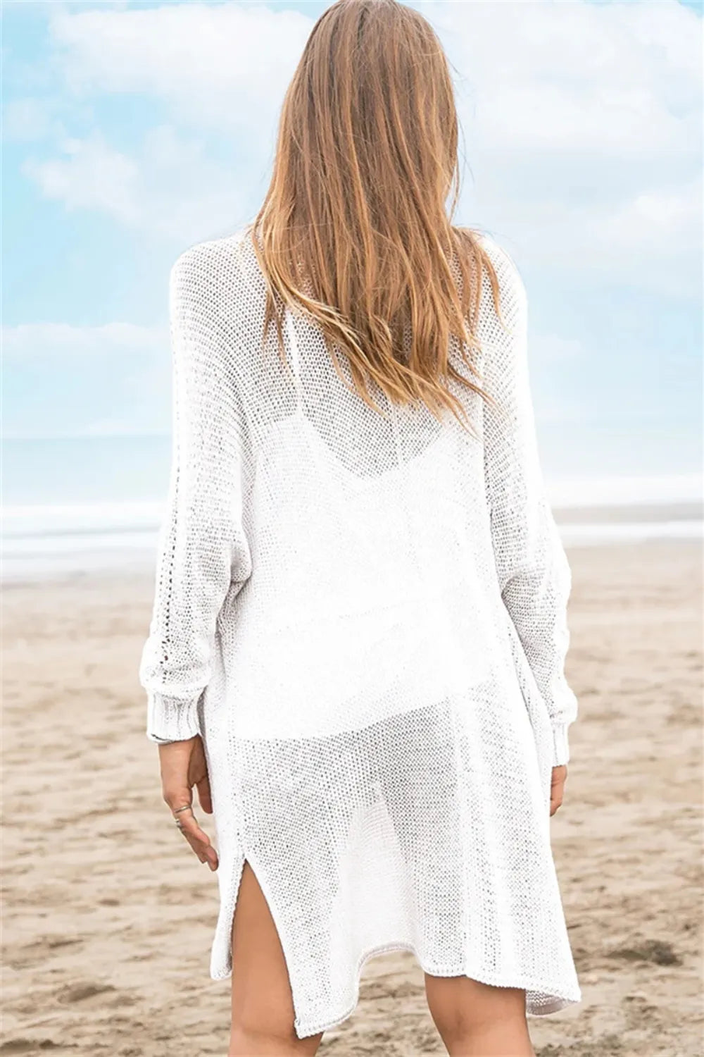 Openwork Side Slit Open Front Long Sleeve Cardigan (20)