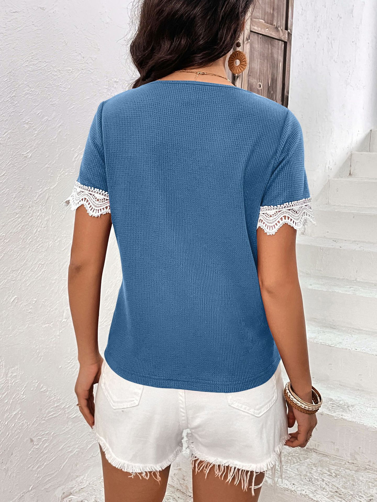 Decorative Button Spliced Lace Short Sleeve Top (9)