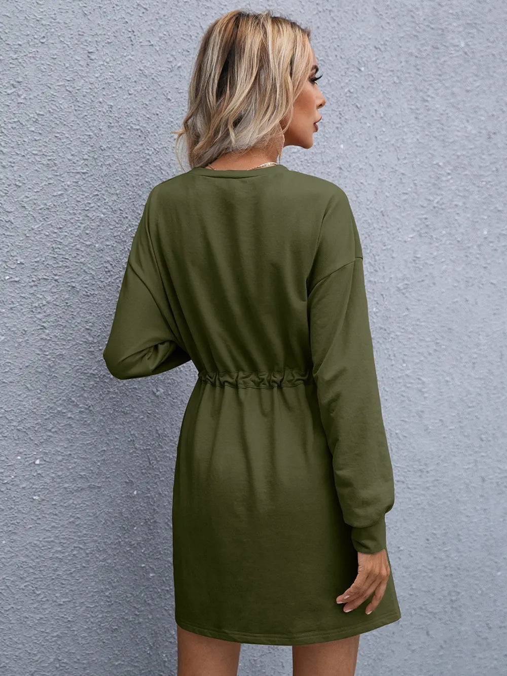 Drawstring Round Neck Dropped Shoulder Mini Dress (12)