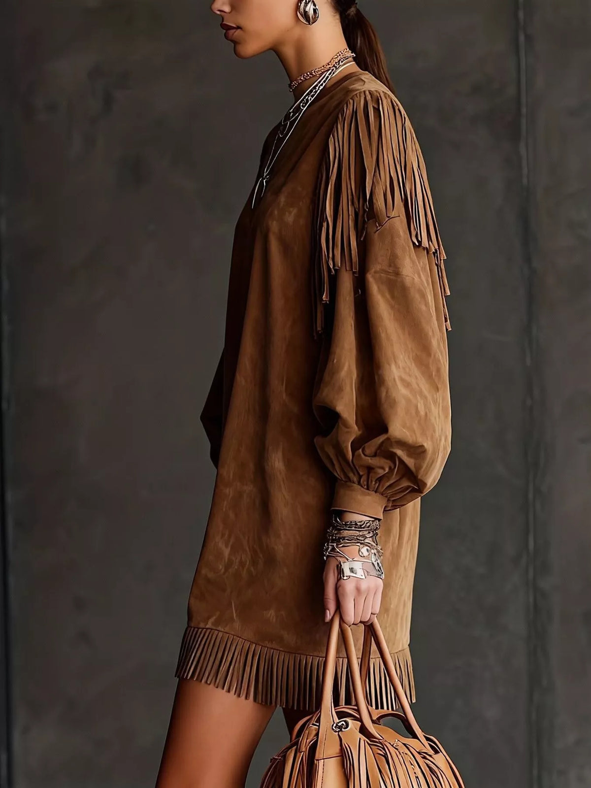 Fringe Detail Lantern Sleeve Mini Dress (14)