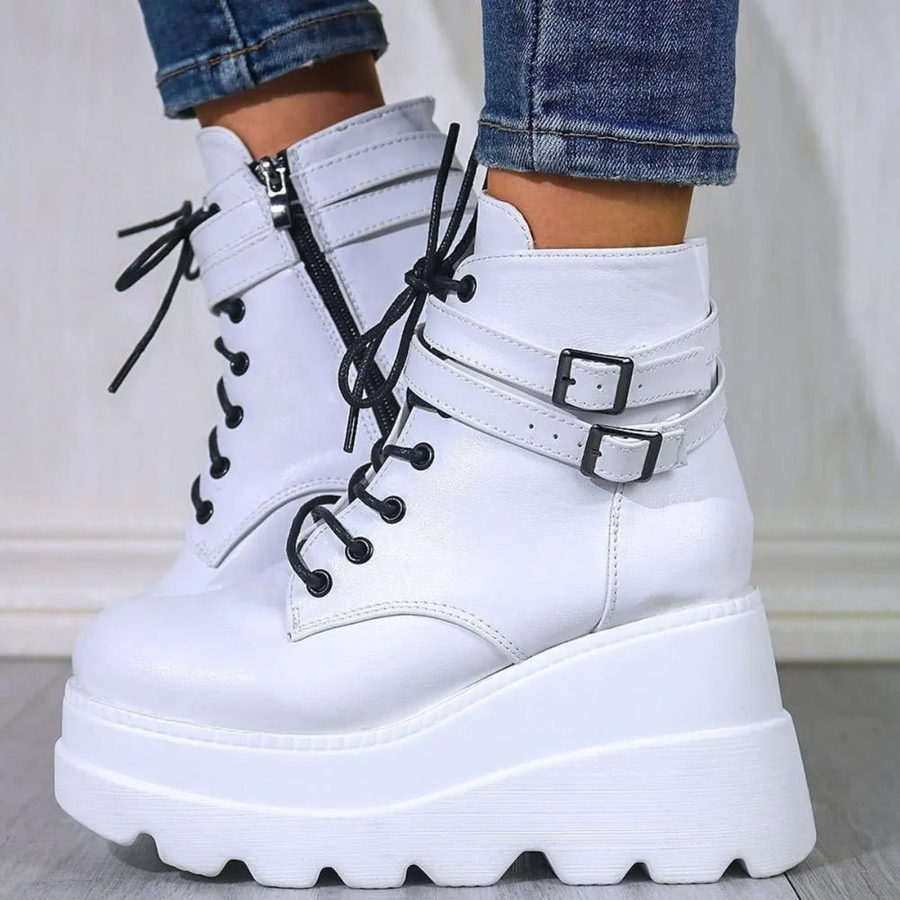 Pu Leather Lace-up Wedge Boots (2)