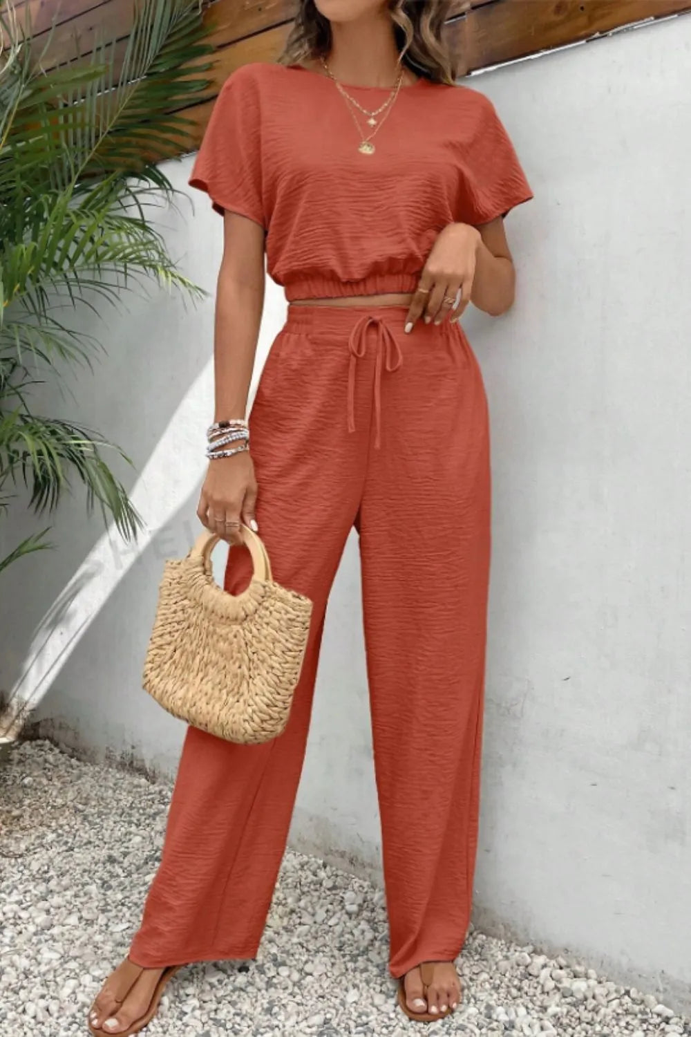 Round Neck Short Sleeve Top Pants Set (10)