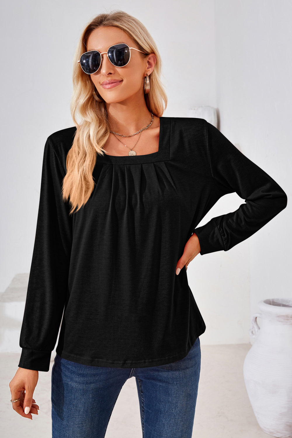Square Neck Ruched Long Sleeve Blouse (13)