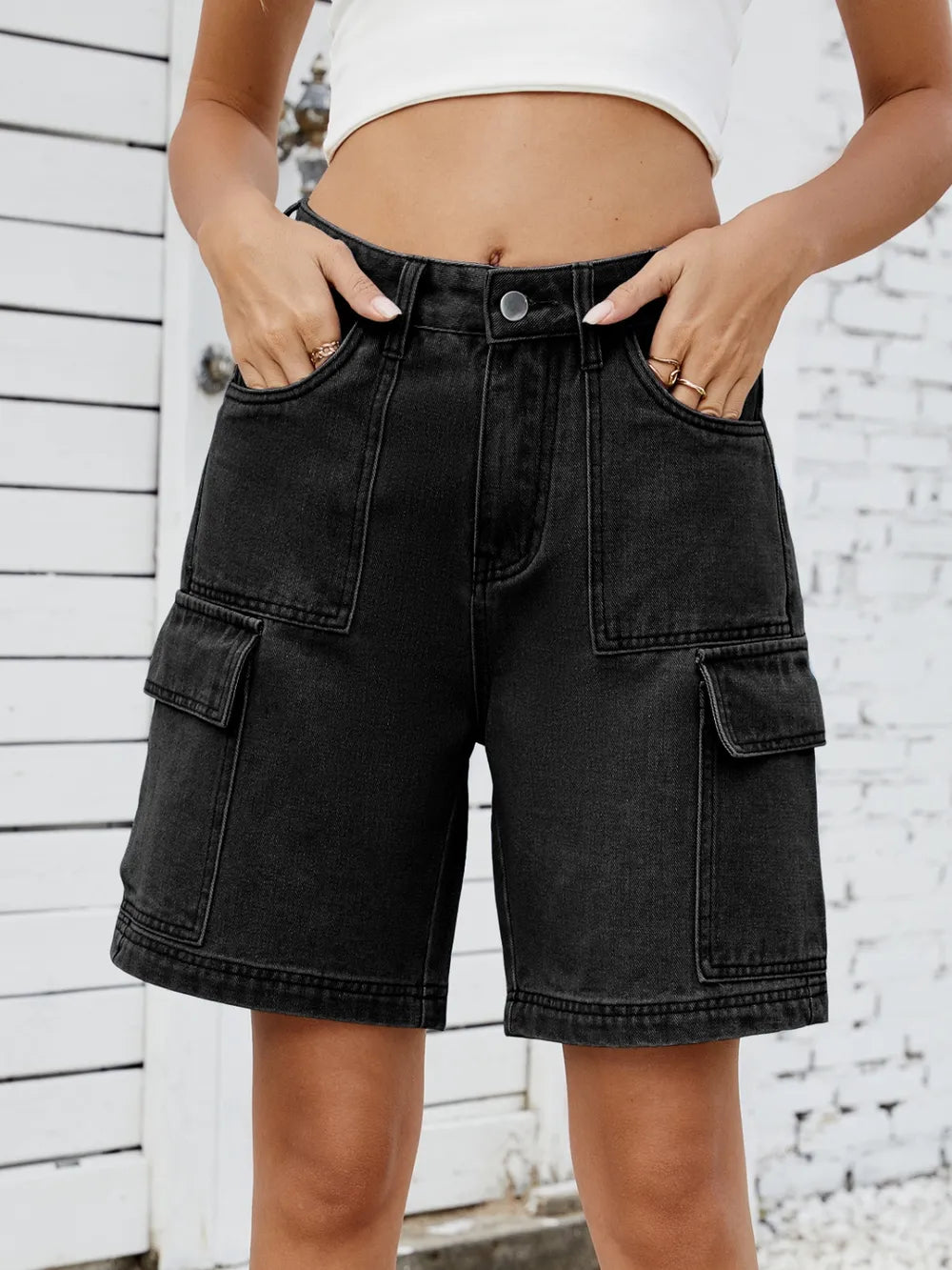 High Waist Denim Shorts Cargo Pockets (7)