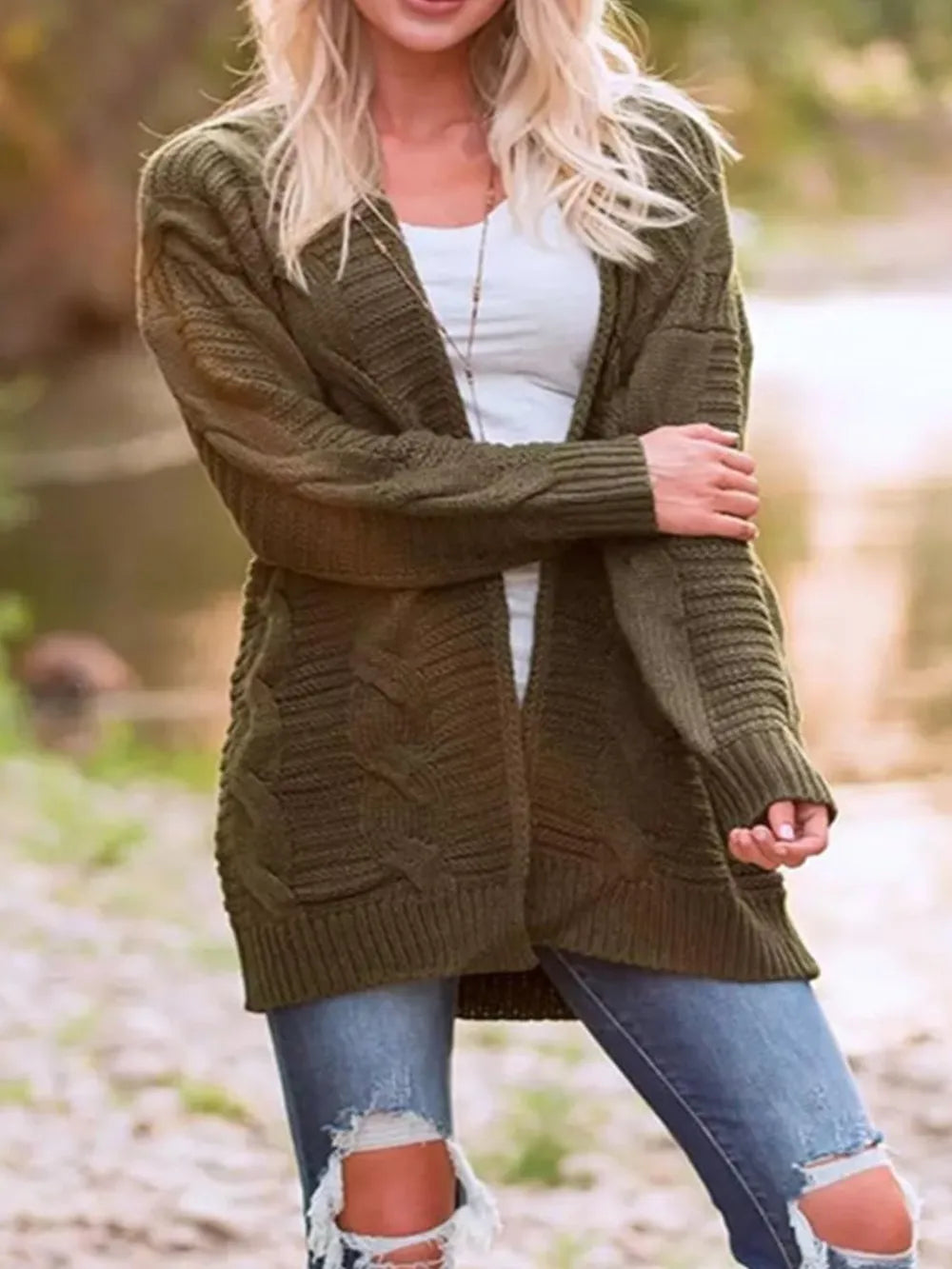 Cable-knit Open Front Long Sleeve Cardigan