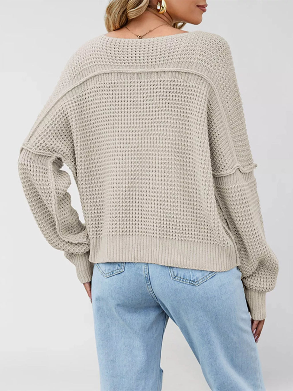 Waffle Knit Dropped Shoulder Sweater (5)