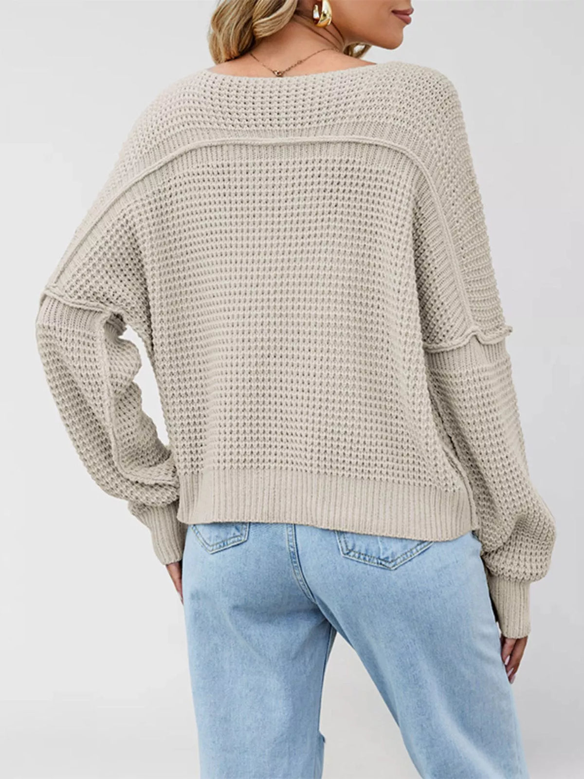 Waffle Knit Dropped Shoulder Sweater (5)