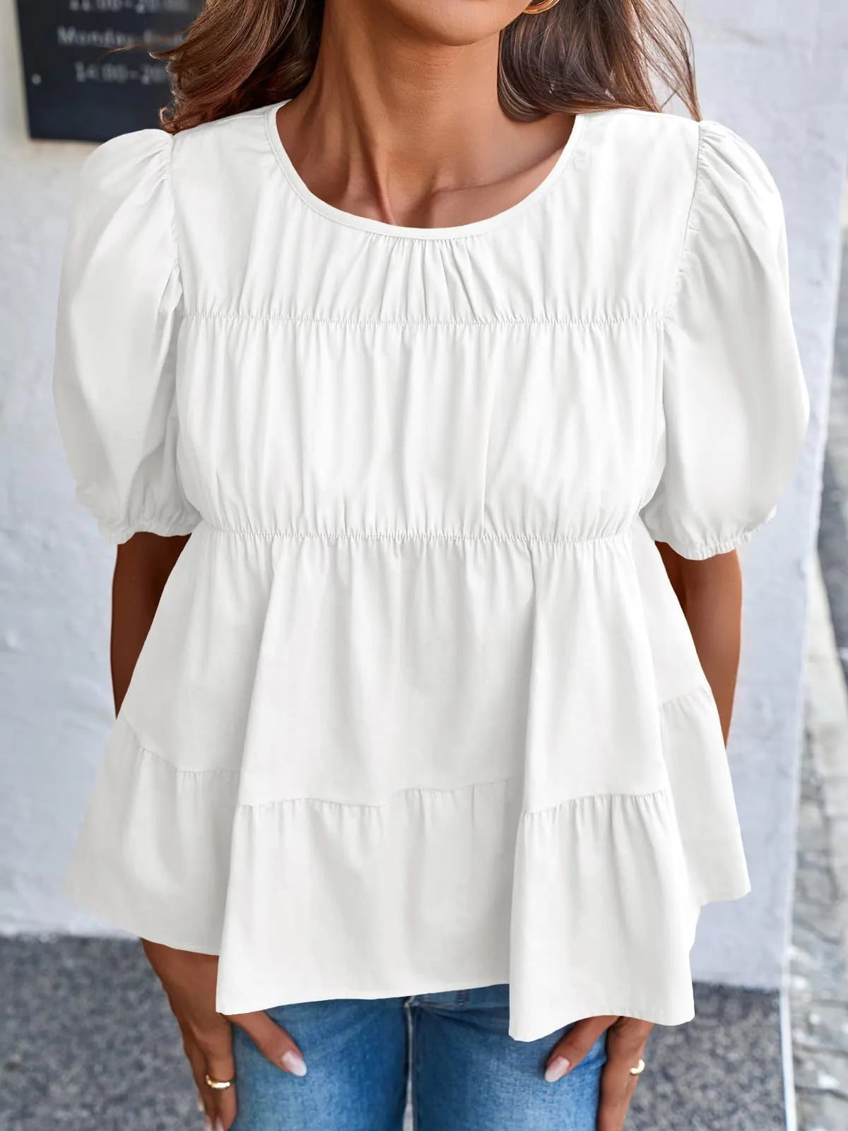 Round Neck Puff Sleeve Tiered Blouse (13)