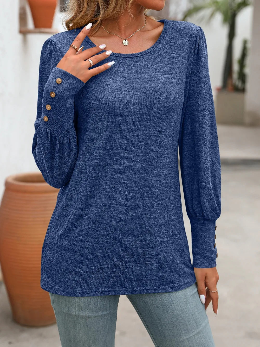 Decorative Button Round Neck Long Sleeve T-shirt (5)