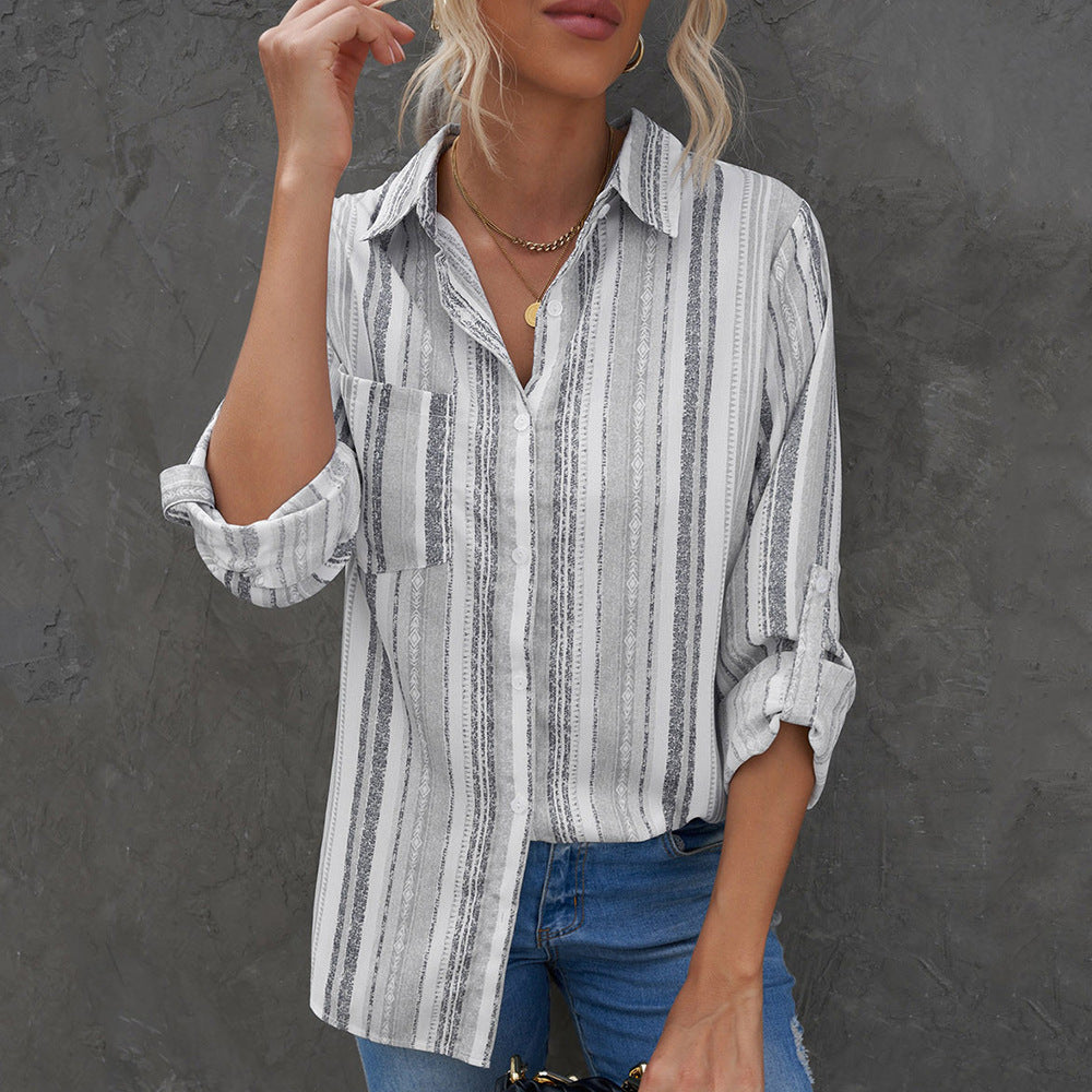 Striped Lapel Long Sleeve Cardigan Single Breasted Shirt variant CJLY1514217-Black-S|CJLY1514217-Black-M|CJLY1514217-Black-L|CJLY1514217-Black-XL|CJLY1514217-Black-2XL