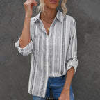 Striped Lapel Long Sleeve Cardigan Single Breasted Shirt variant CJLY1514217-Black-S|CJLY1514217-Black-M|CJLY1514217-Black-L|CJLY1514217-Black-XL|CJLY1514217-Black-2XL
