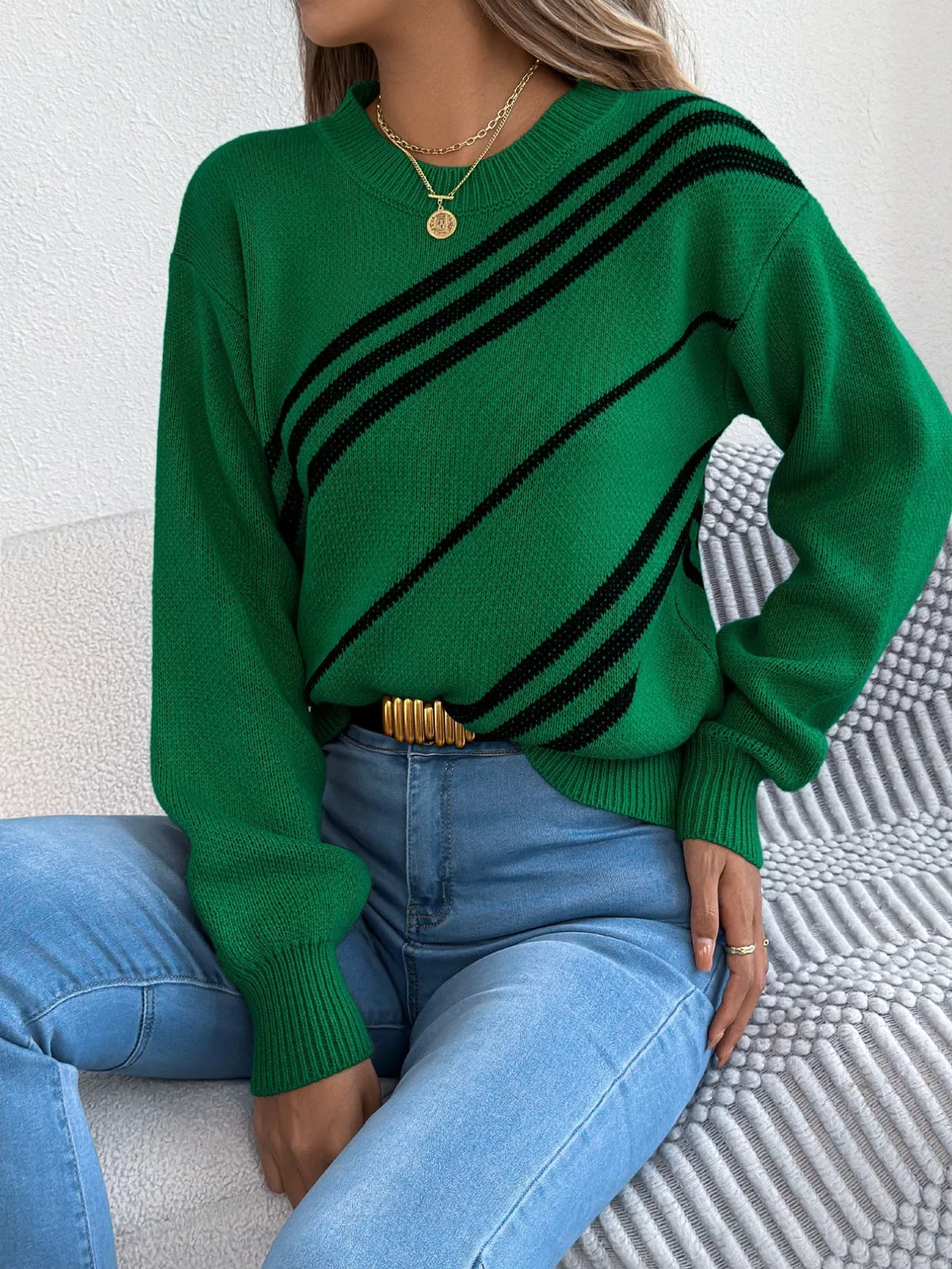 Striped Pattern Casual Round Neck Sweater (18)