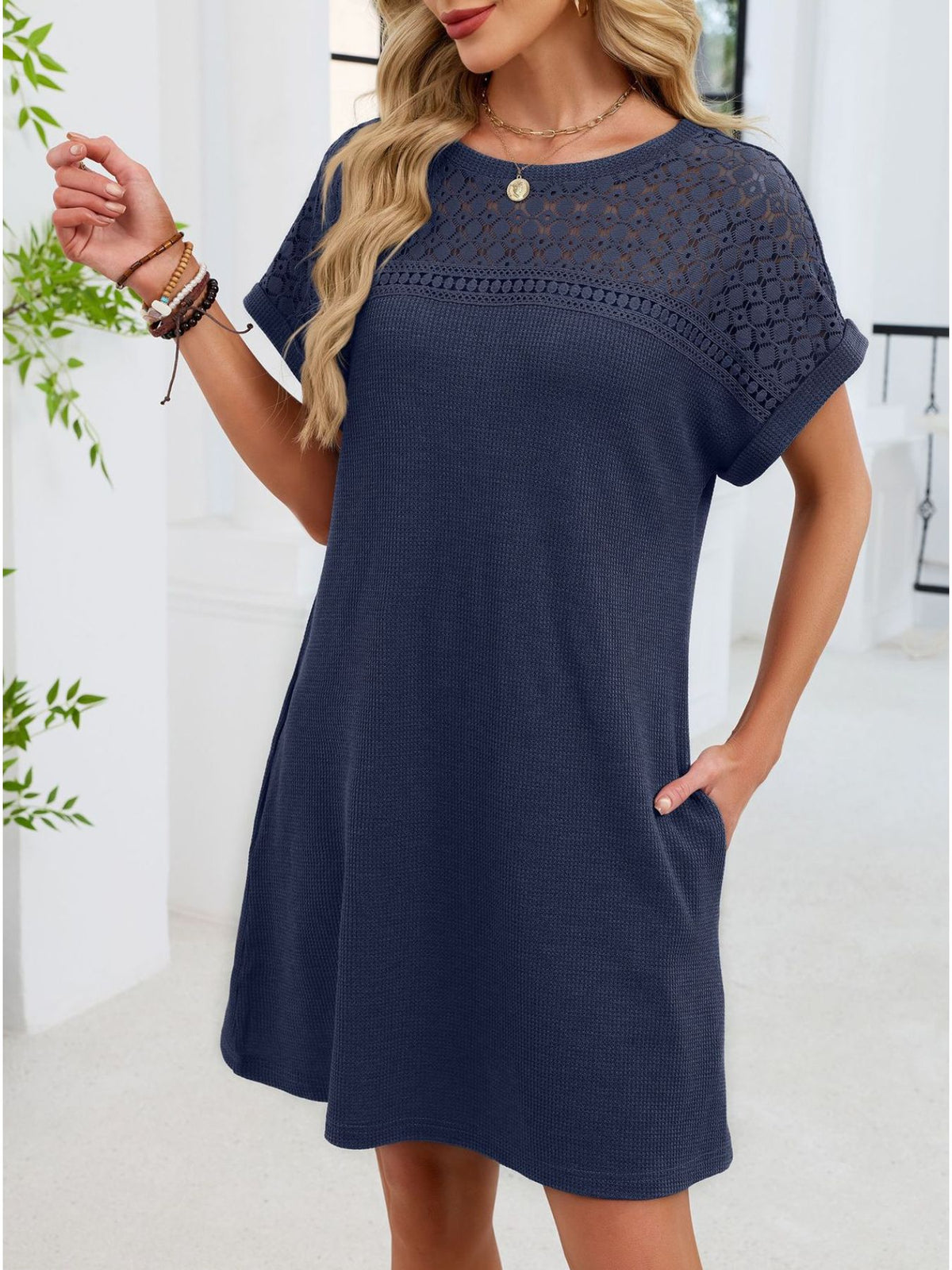 Lace Round Neck Short Sleeve T-shirt Dress (32)