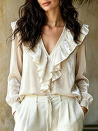 Ruffled V-neck Long Sleeve Blouse