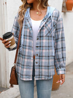 Plaid Button-up Hooded Shirt Chest Pocket (11)