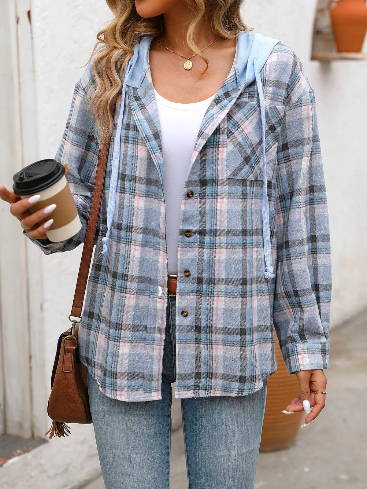 Plaid Button-up Hooded Shirt Chest Pocket (11)