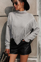 Turtle Neck Tassel Front Long Sleeve Pullover Sweater (15)