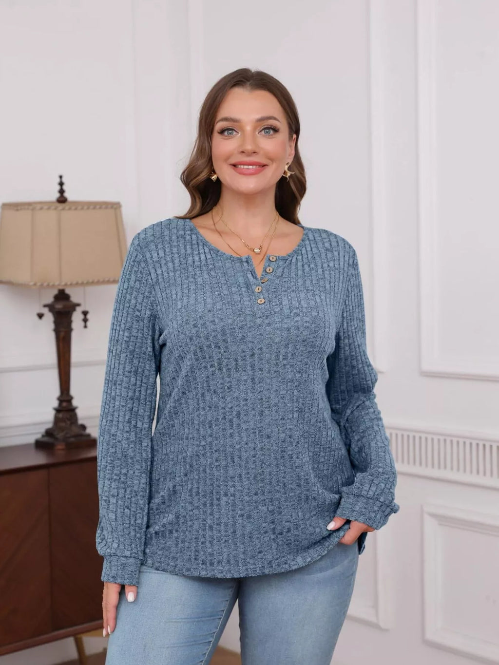 Ribbed Knit Button-front Long Sleeve T-shirt (14)