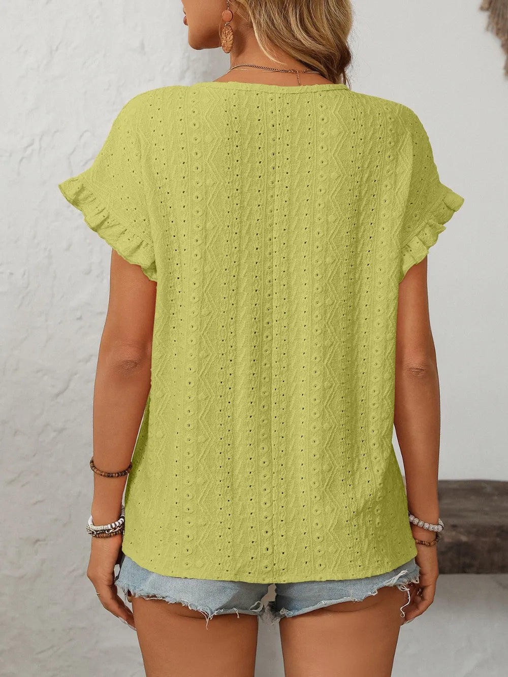 Eyelet Round Neck Short Sleeve Top (36)