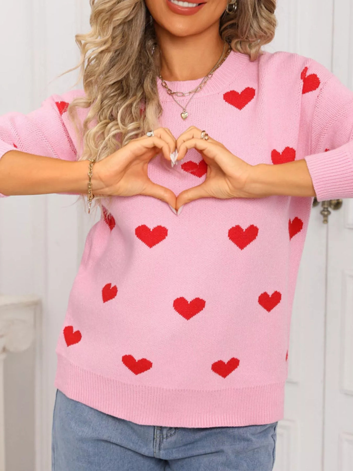Valentine's Day Heart Pattern Dropped Shoulder Sweater (9)