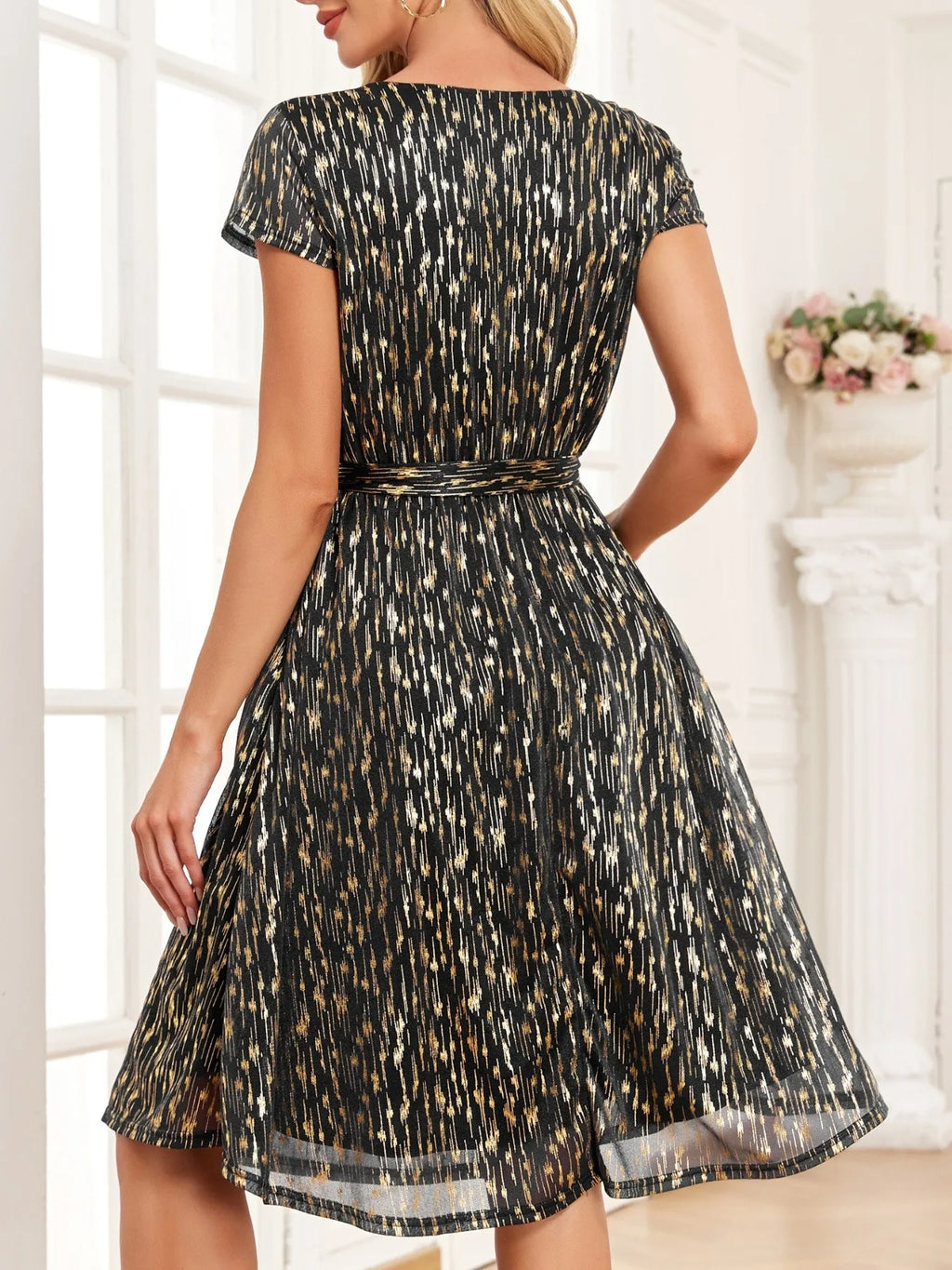 V-neck Metallic Print Dress (6)