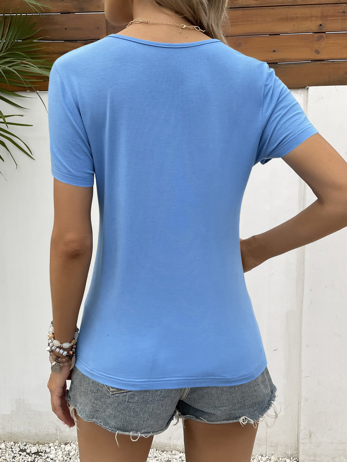 Lace Trim V-neck Short Sleeve Blouse (6)