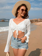 Drawstring Openwork Long Sleeve Cover-up (6)