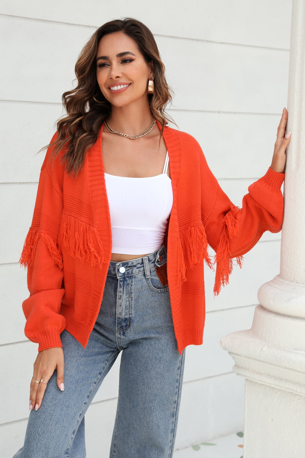 Fringe Trim Open Front Cardigan (14)