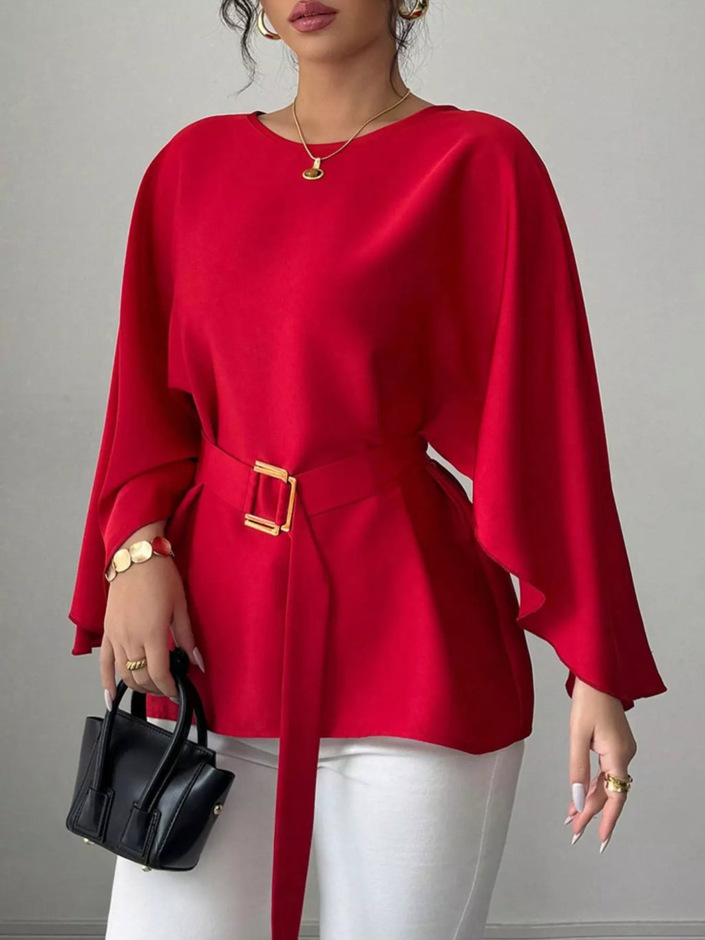 Round Neck Belt Batwing Sleeve Blouse (3)