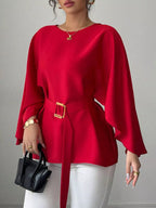 Round Neck Belt Batwing Sleeve Blouse (3)