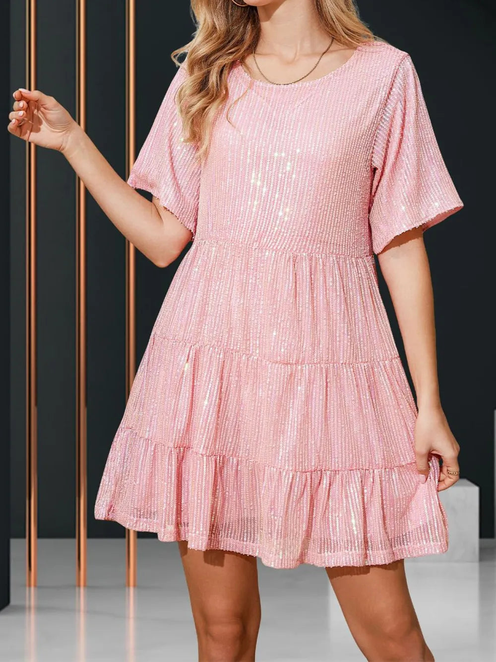 Sequin Round Neck Half Sleeve Mini Dress (9)
