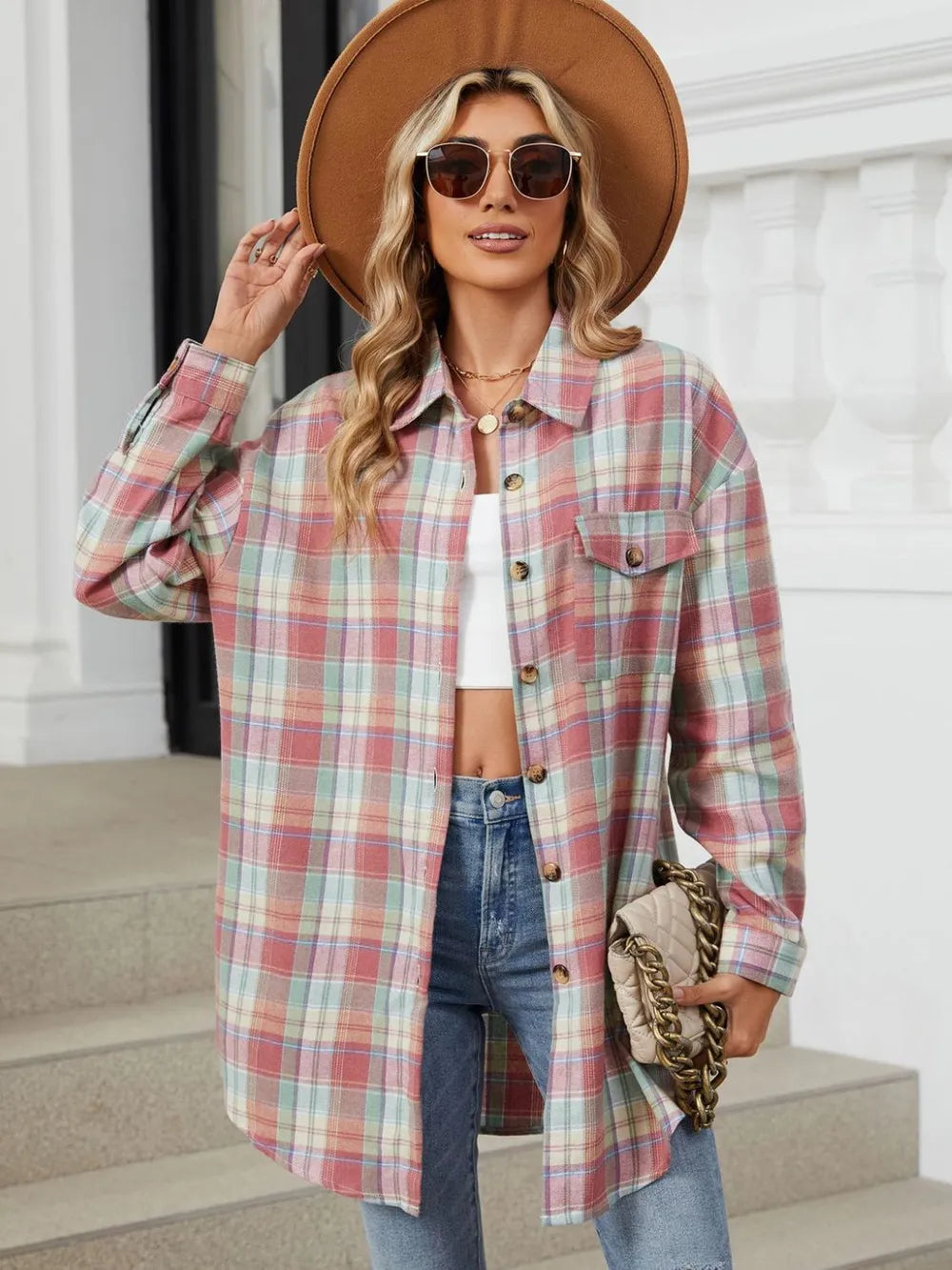 Plaid Collared Neck Long Sleeve Shirt (2)