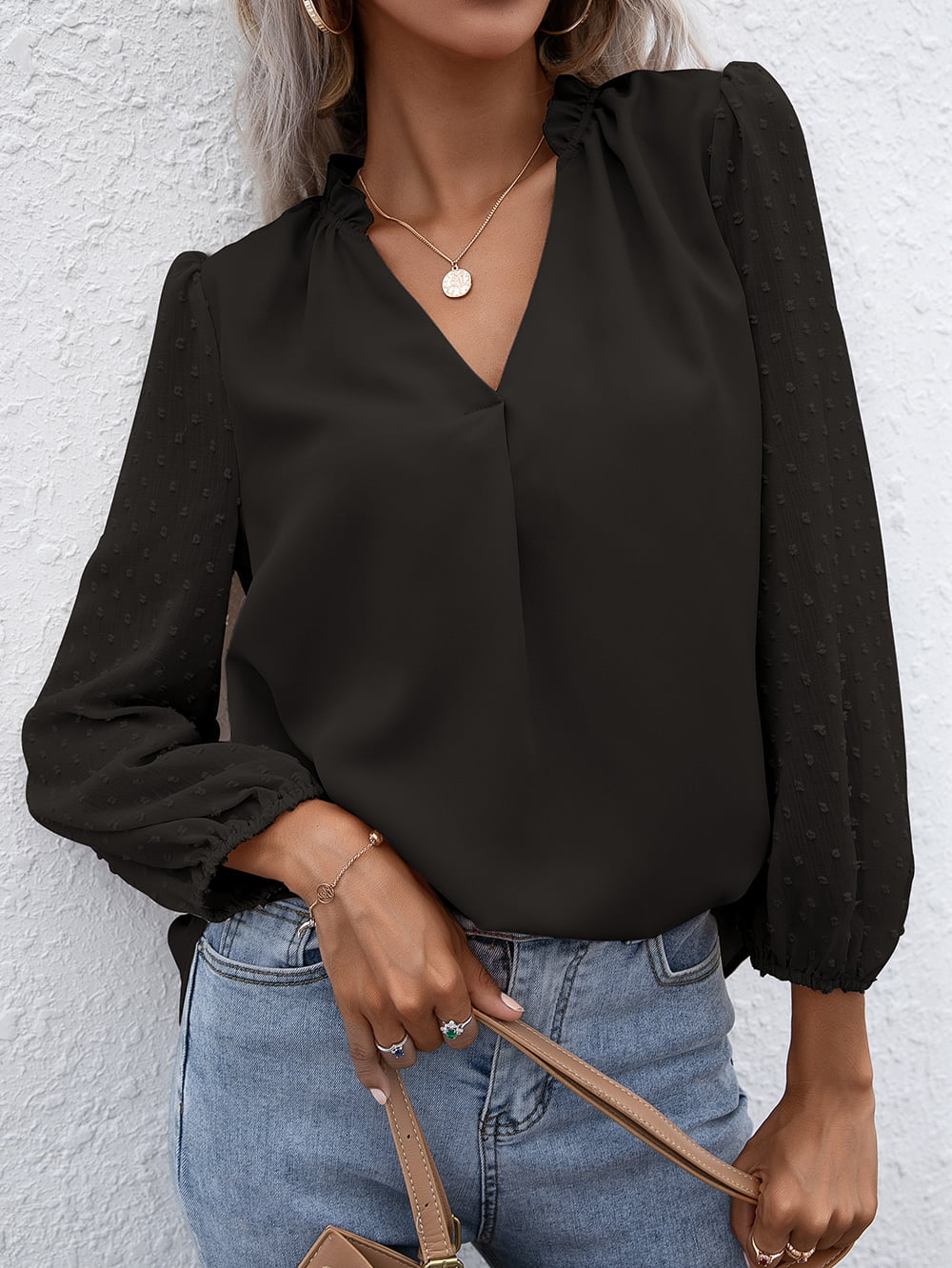 Swiss Dot Frill Trim Puff Sleeve Blouse (4)