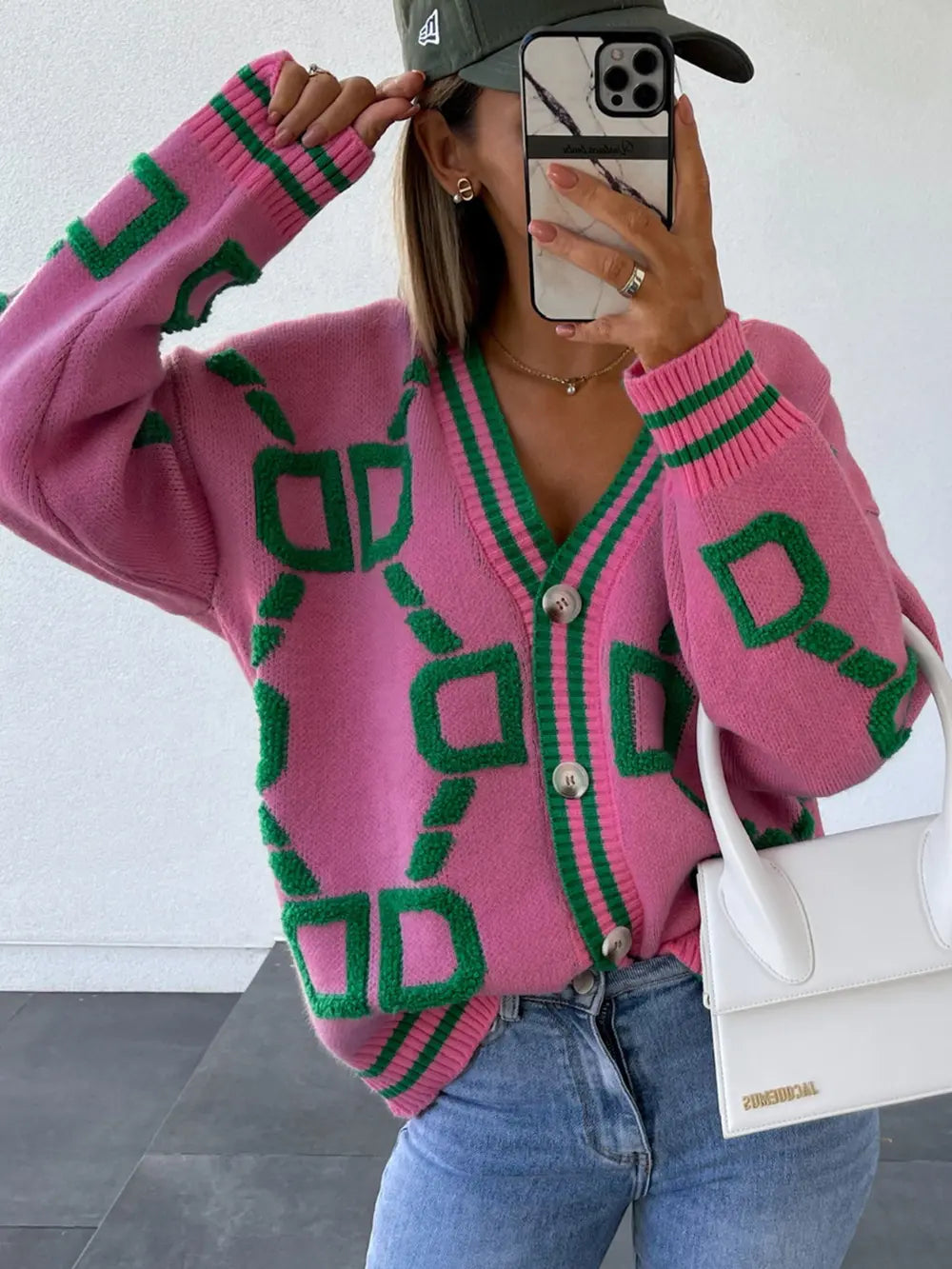 Geometric Dropped Shoulder Button Down Cardigan (2)