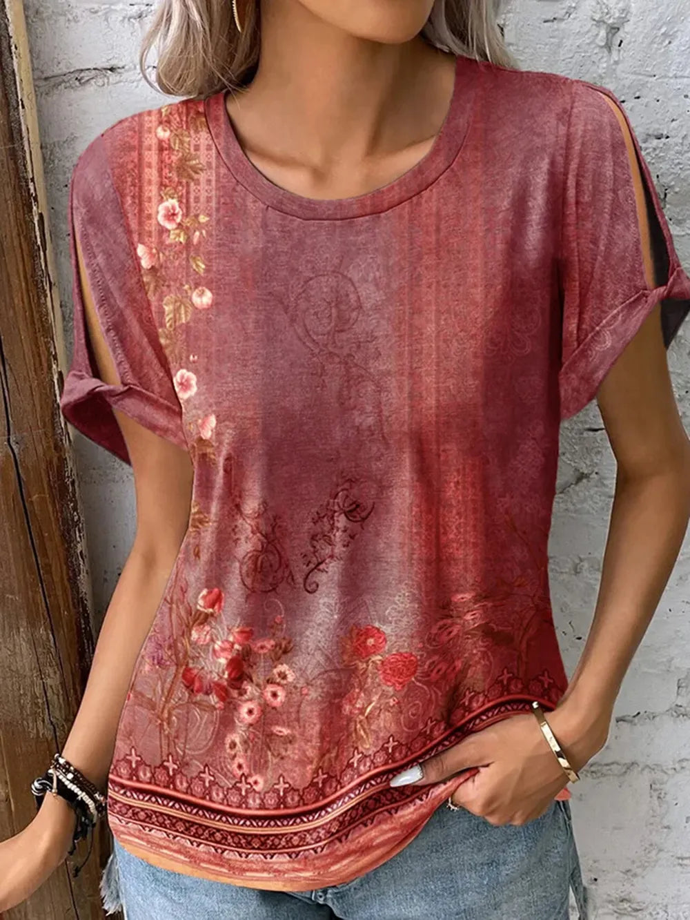 Printed Round Neck Short Sleeve T-shirt (4)