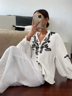Embroidered Notched Long Sleeve Blouse (4)