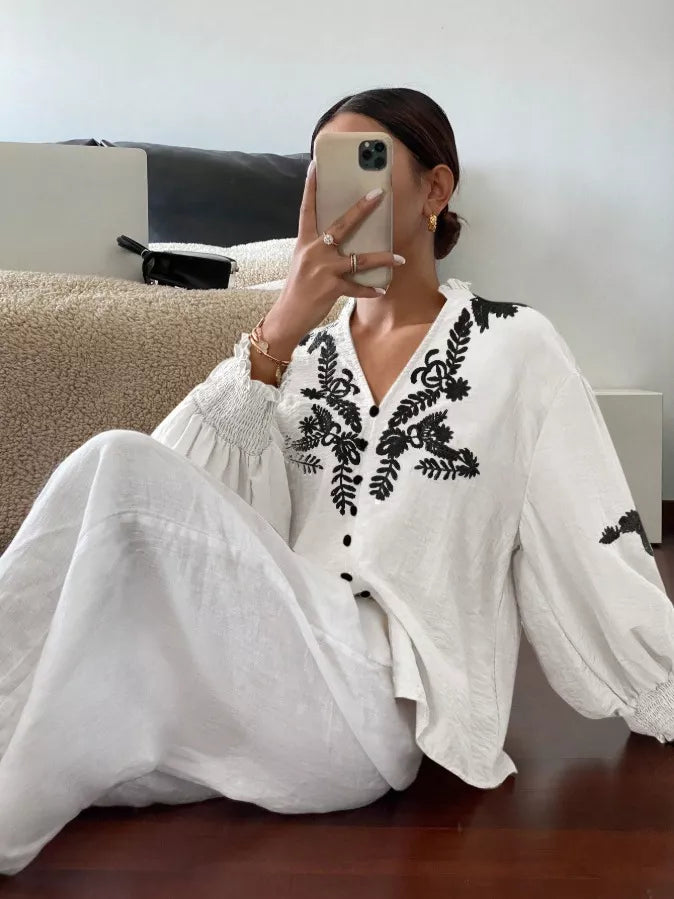 Embroidered Notched Long Sleeve Blouse (4)