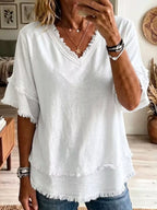 Full Size Frayed Edge V-neck Blouse Plus