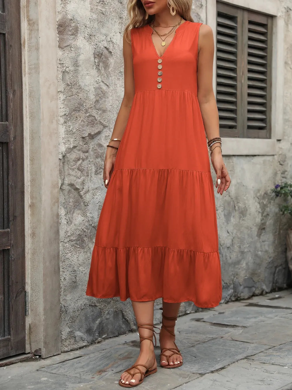 Decorative Button Notched Sleeveless Dress (5)