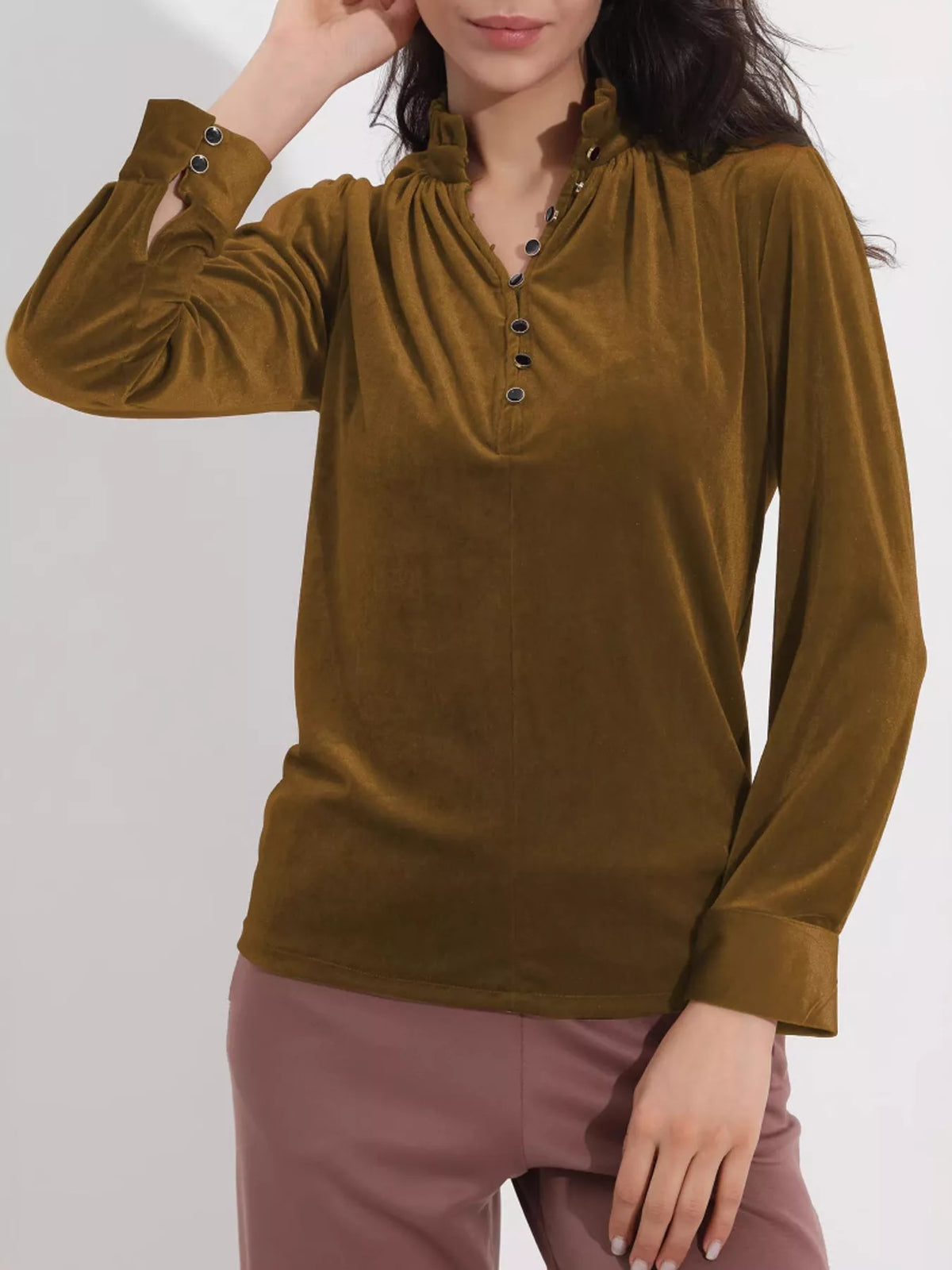 Elegant Velvet Ruffle Neck Blouse (8)