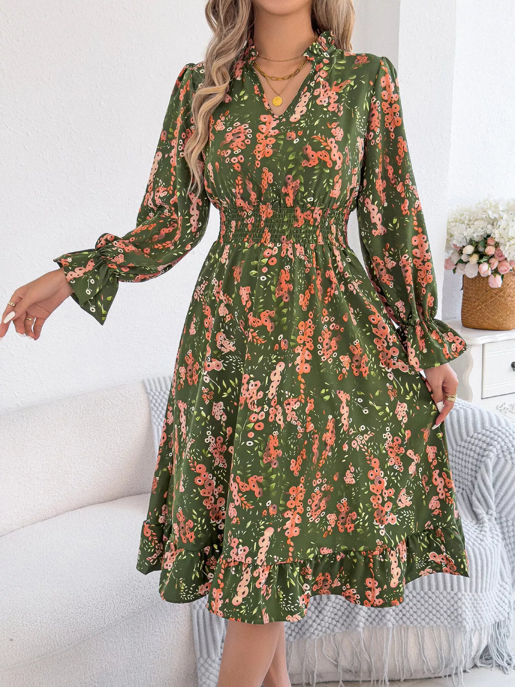 Floral Print Ruffle Hem Flounce Sleeve A-line Dress (7)