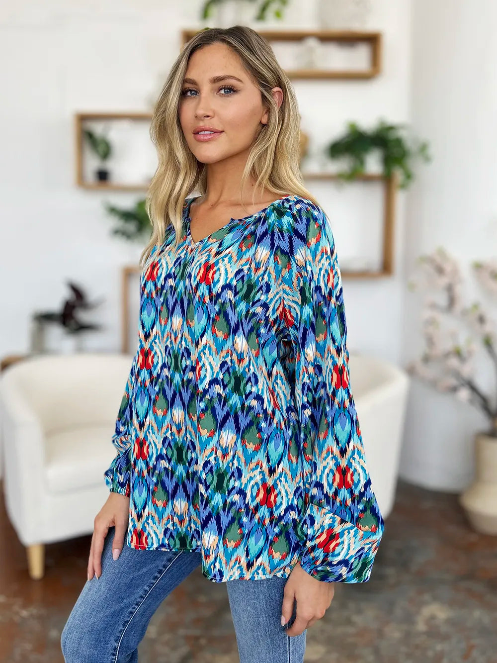 Full Size Printed Balloon Sleeve Blouse (19)