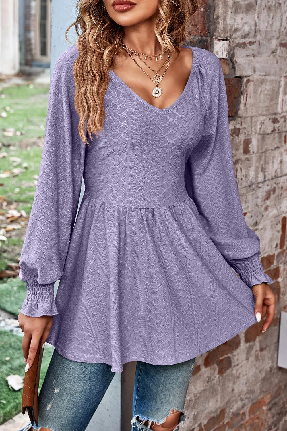 Peplum V-neck Long Sleeve Blouse (31)