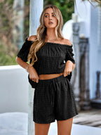 Full Size Off-shoulder Short Sleeve Top Tied Shorts Set (7)