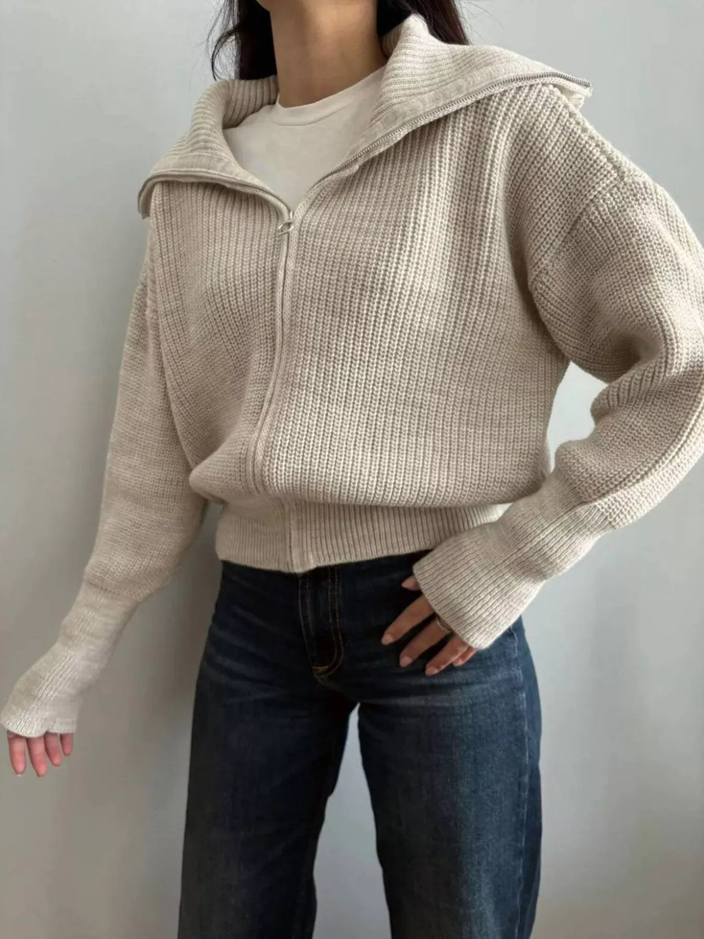 Zip Up Dropped Shoulder Cardigan (25)