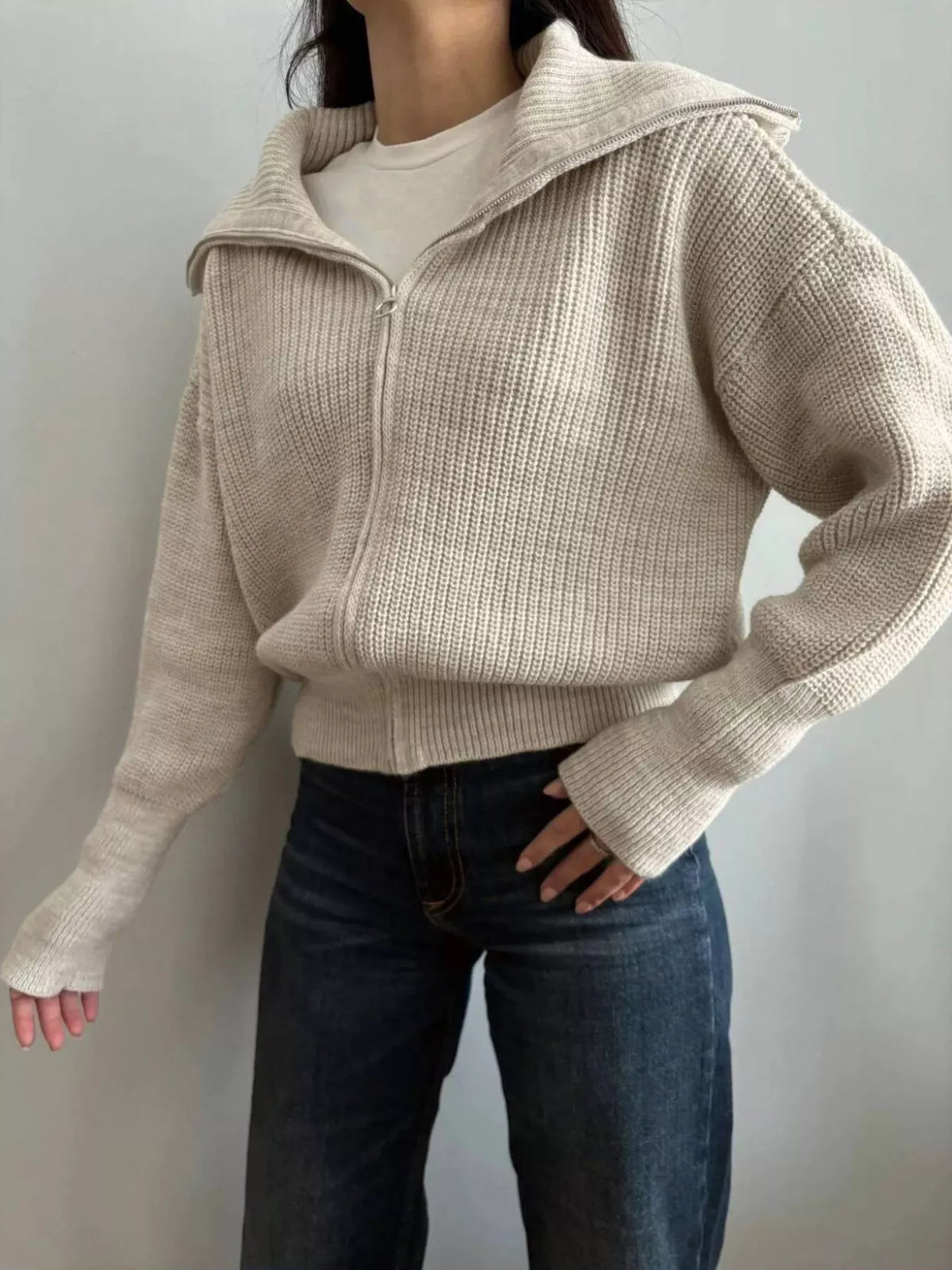 Zip Up Dropped Shoulder Cardigan (25)