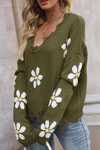 Flower Distressed Ribbed Trim Sweater (9)