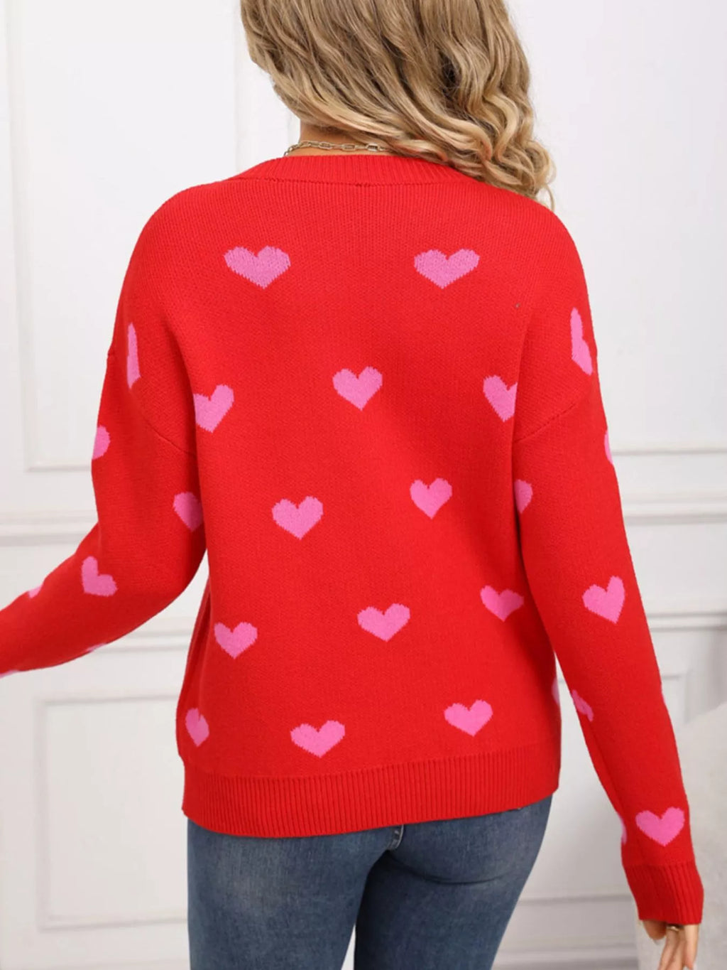 Valentine's Day Heart Pattern Dropped Shoulder Sweater (20)