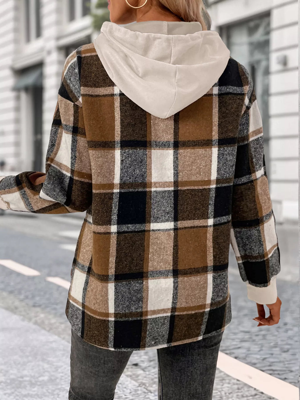 Plaid Drawstring Long Sleeve Hoodie (9)